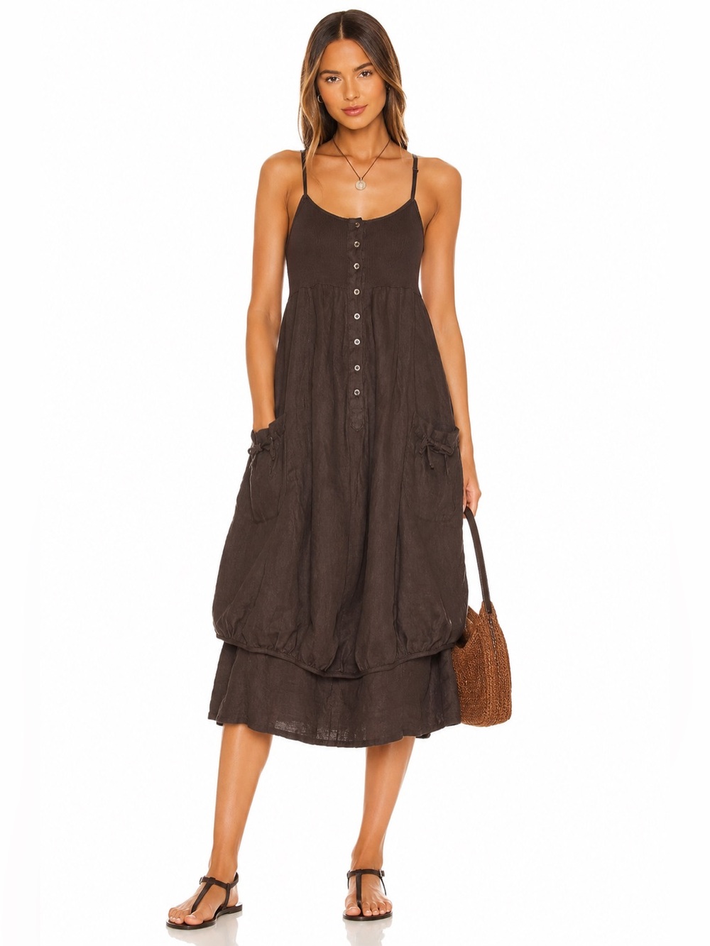 Made in Italy Brown Linen Blend Button Front Midi Dress Ribbed Bodice Cargo Pock